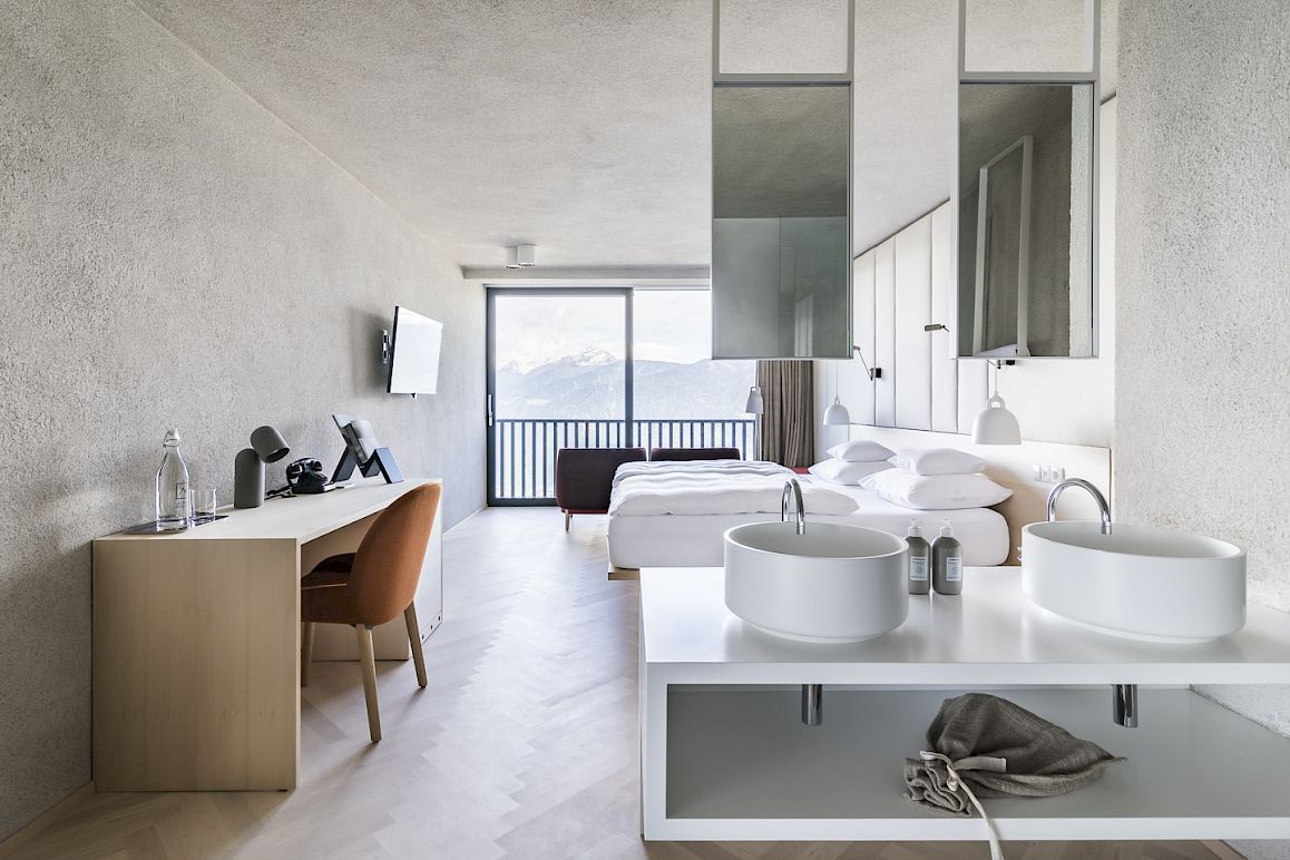 The terrace at Miramonti Boutique Hotel with views over the Merano valley